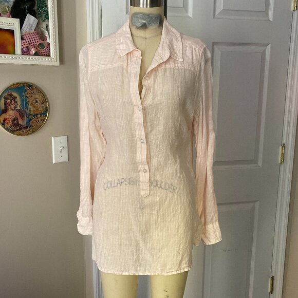 LUCKY BRAND Pink White Pin Stripe 100% LINEN Long Tunic Shit *MEDIUM* - Picture 1 of 6
